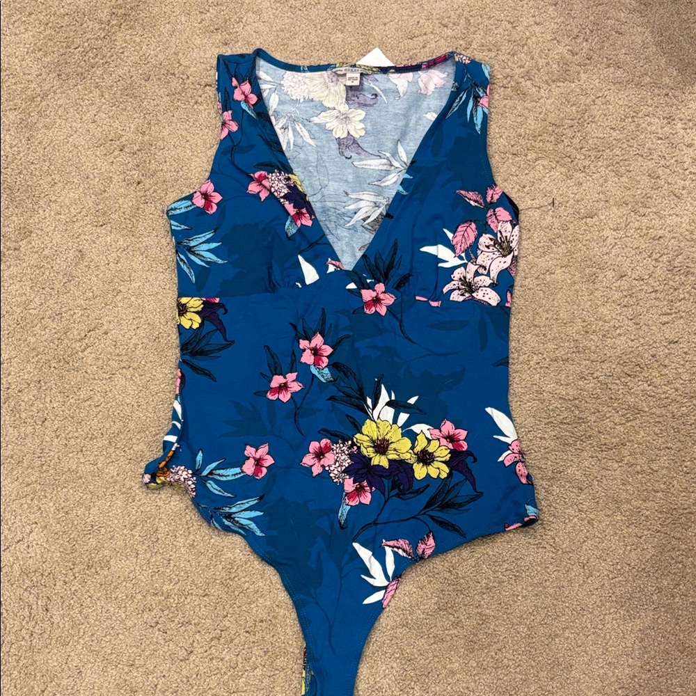 Guess Blue Floral Body Suit Print Top